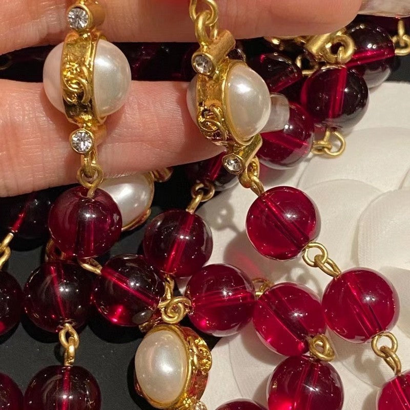 Chanel Long Red & White Pearl Necklace