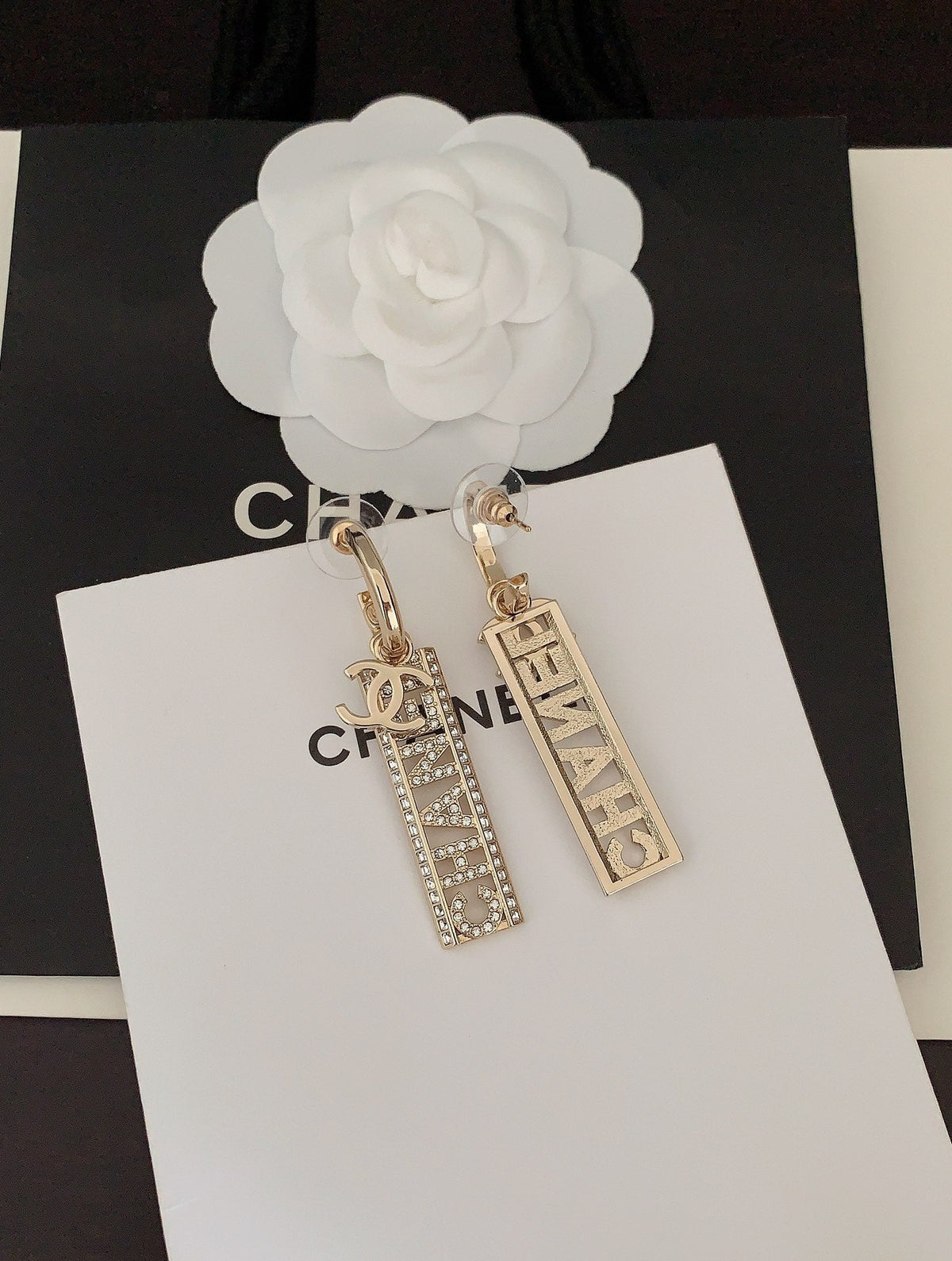Chanel Crystals Long Letter Earrings - 18K Yellow Gold