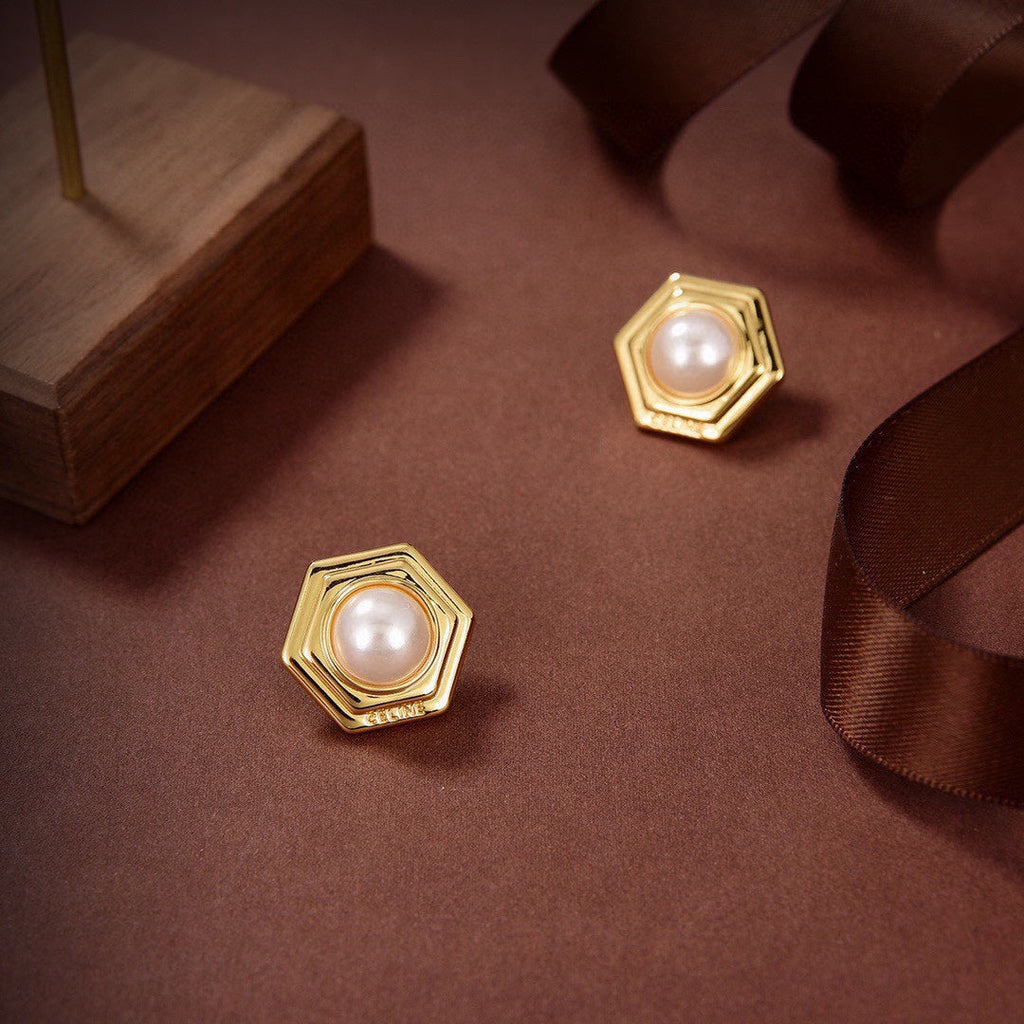 Celine Triomphe Pearl Earrings - 18K Yellow Gold