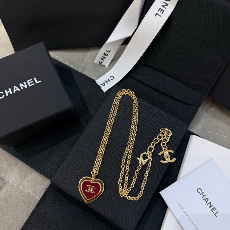 Chanel Black & Red Heart Gold Necklace