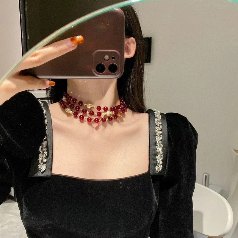 Chanel Long Red & White Pearl Necklace
