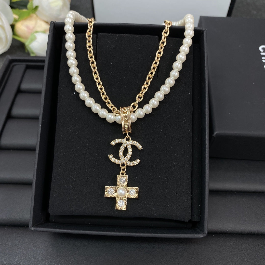 Chanel Cross Diamond Pearl Chain Necklace