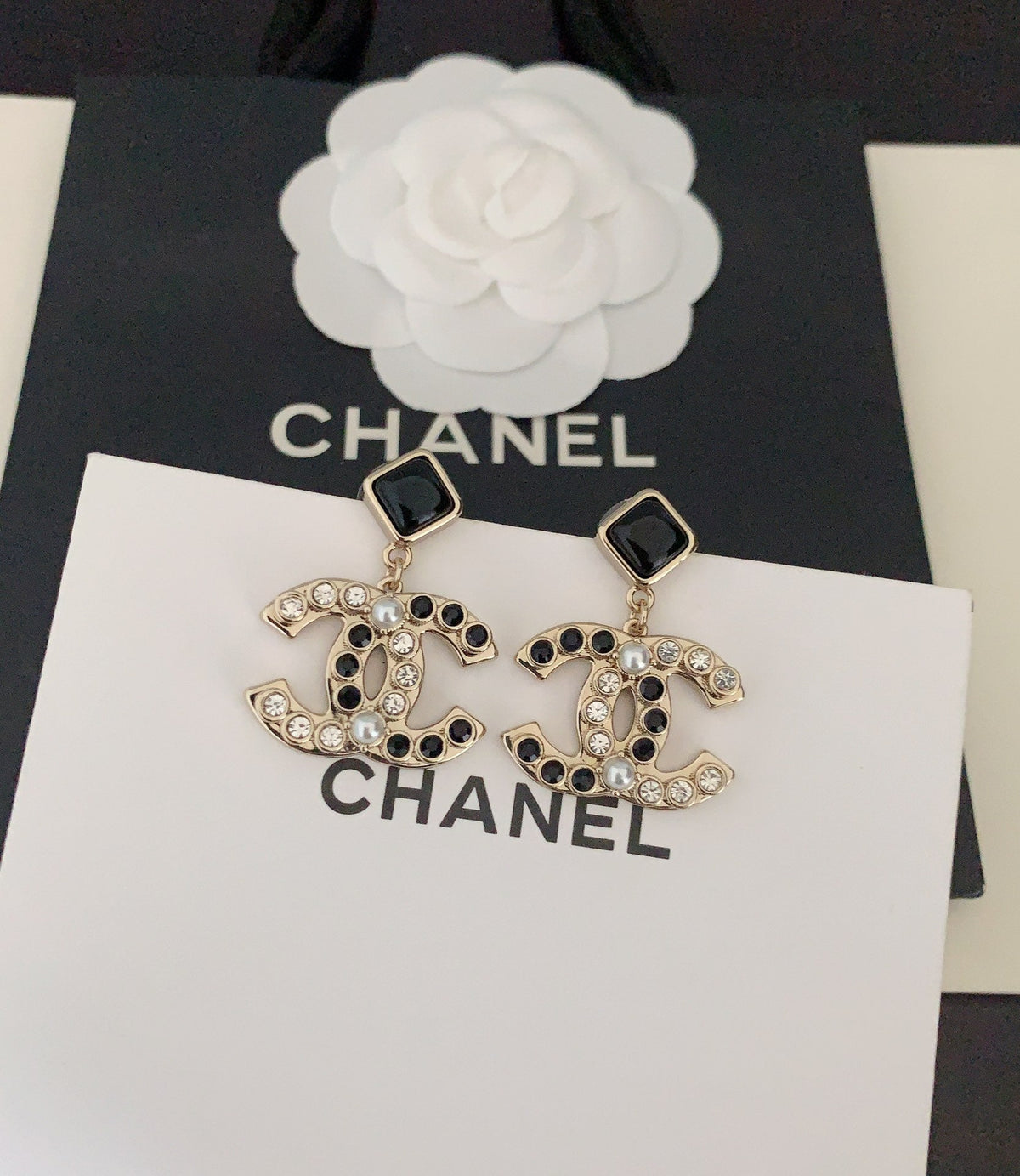 Chanel Black Crystal Earrings - 18K Yellow Gold