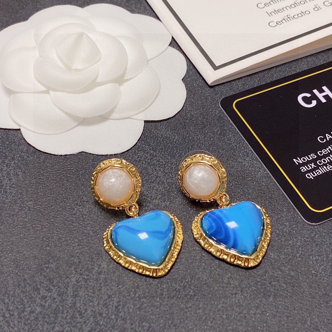 Chanel Blue Heart Pearl Earrings - 18K Yellow Gold