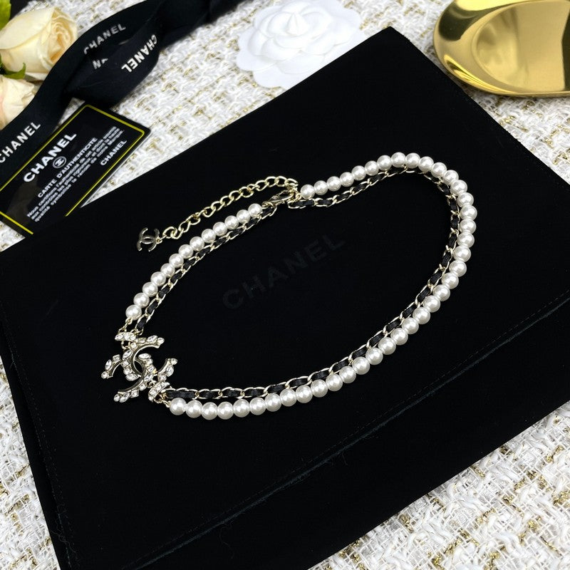 Chanel Pearl Chain Leather Necklace