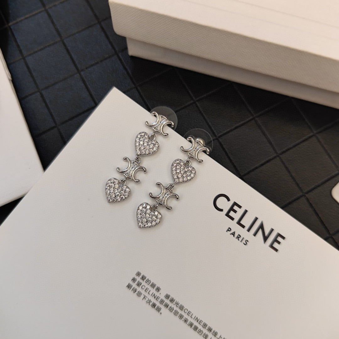 Celine Triomphe Heart Pendant Earrings - 18K White Gold