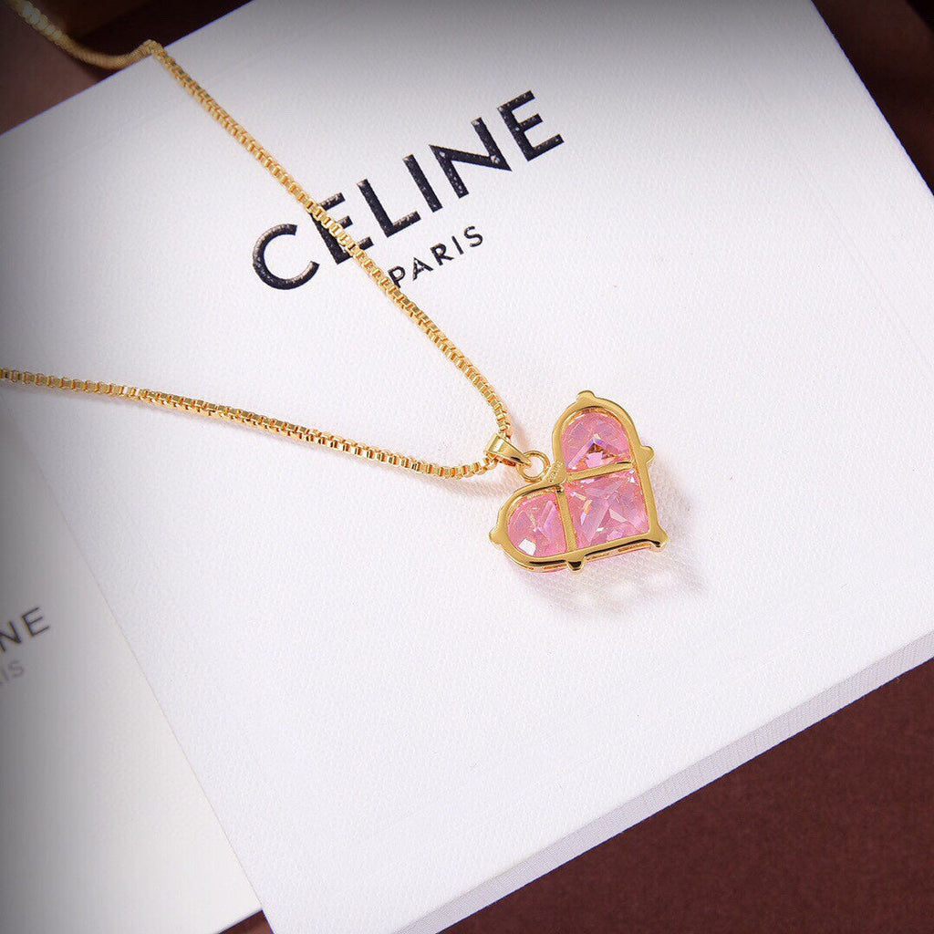 Celine Triomphe Pink Heart Crystal Necklace
