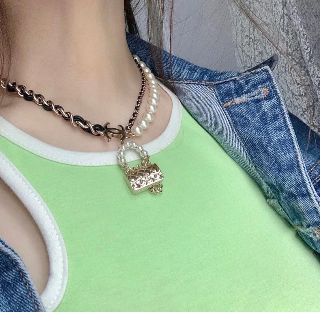 Chanel Pearl Leather Bag Pendant Necklace