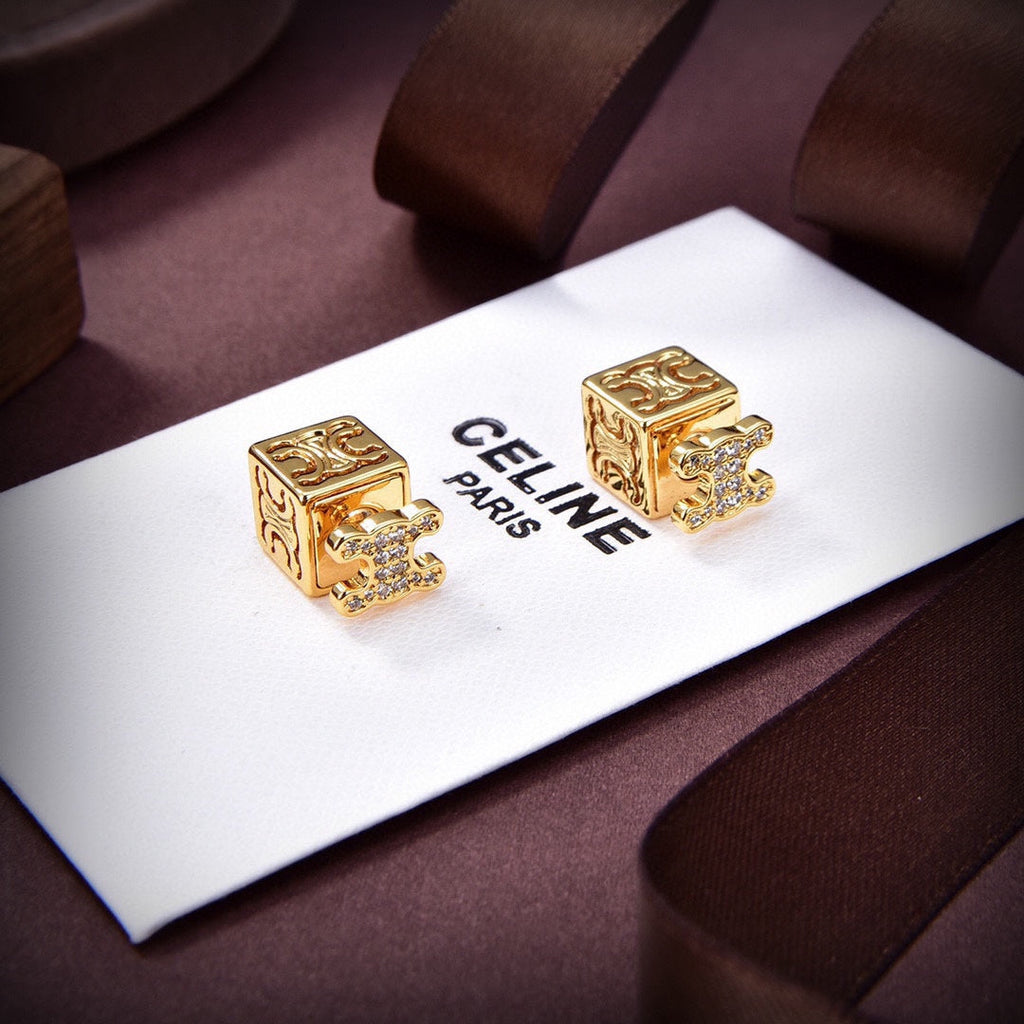 Celine Triomphe Dice Pendant Earrings - 18K Gold