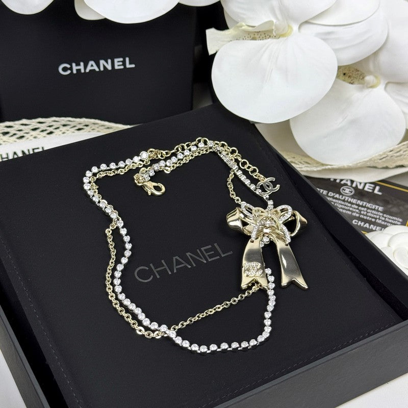 Chanel 25K Bow Tie Diamond Gold Necklace