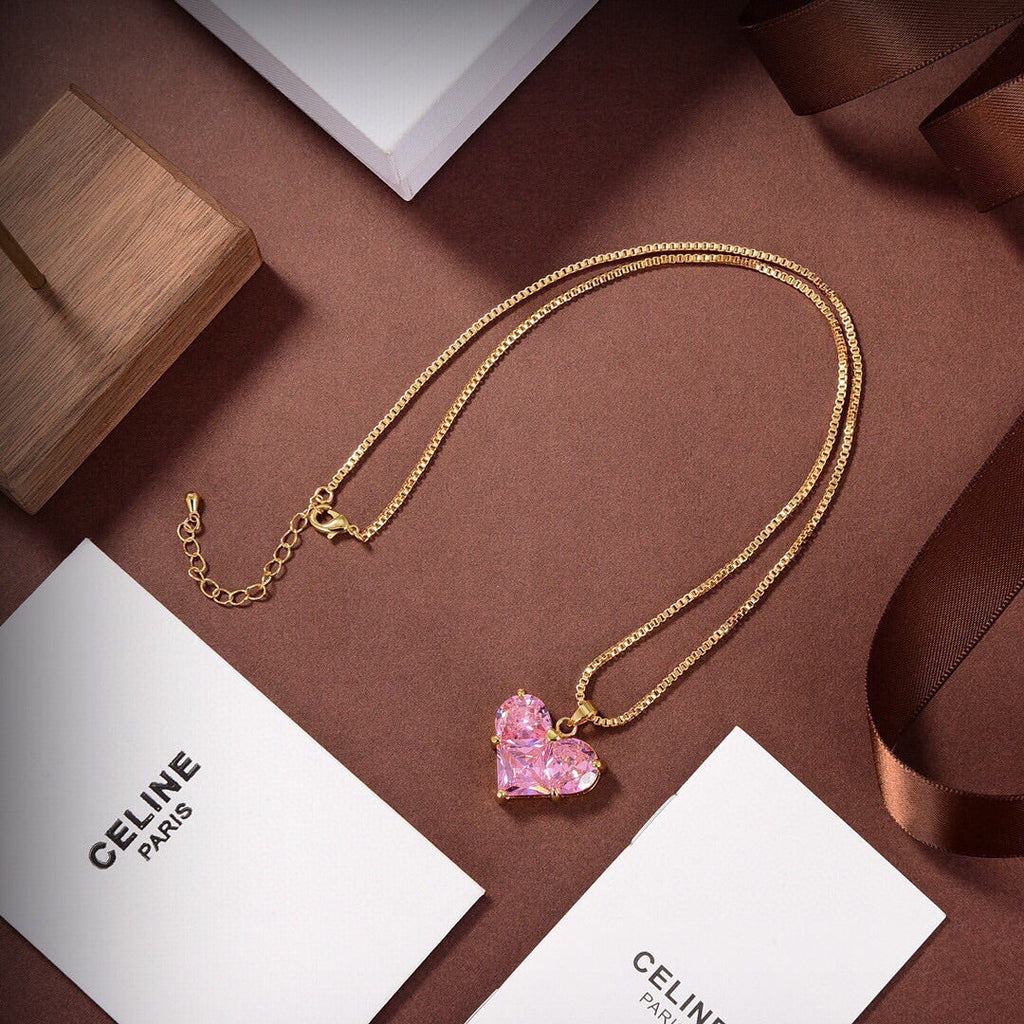 Celine Triomphe Pink Heart Crystal Necklace
