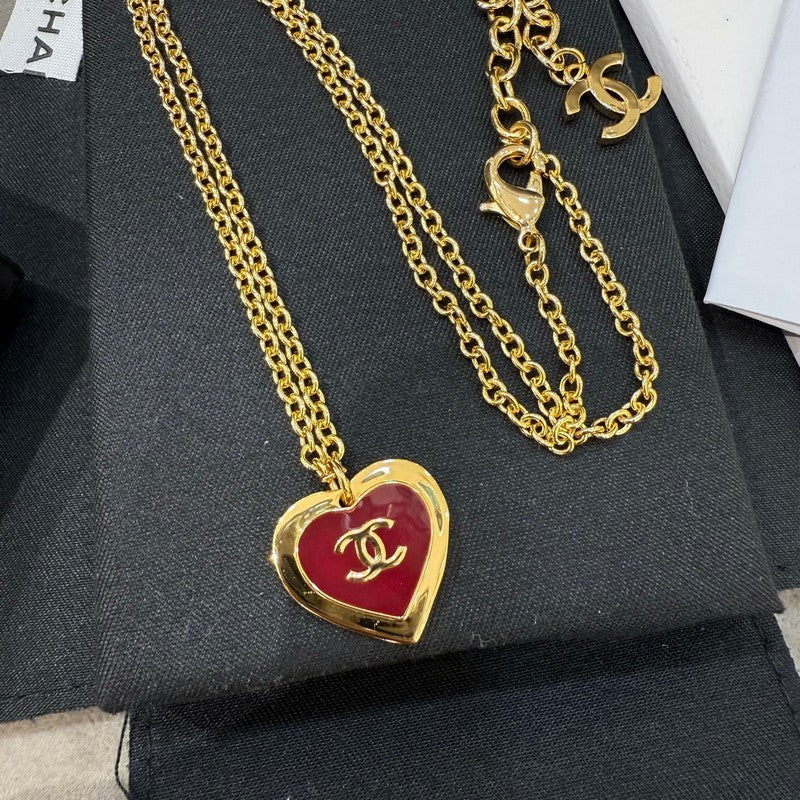 Chanel Black & Red Heart Gold Necklace