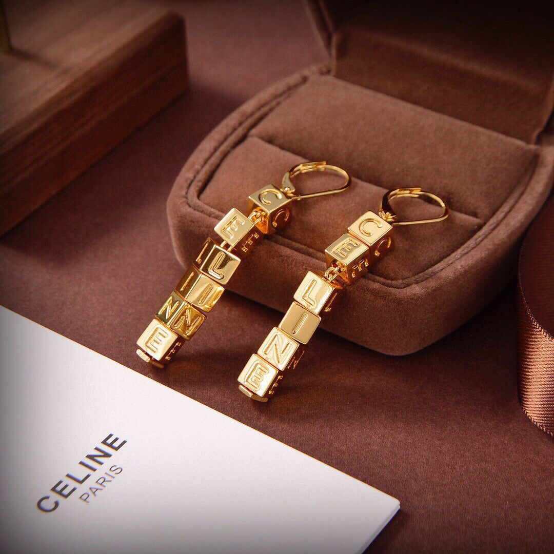 Celine Triomphe Script Cube Earrings - 18K Gold