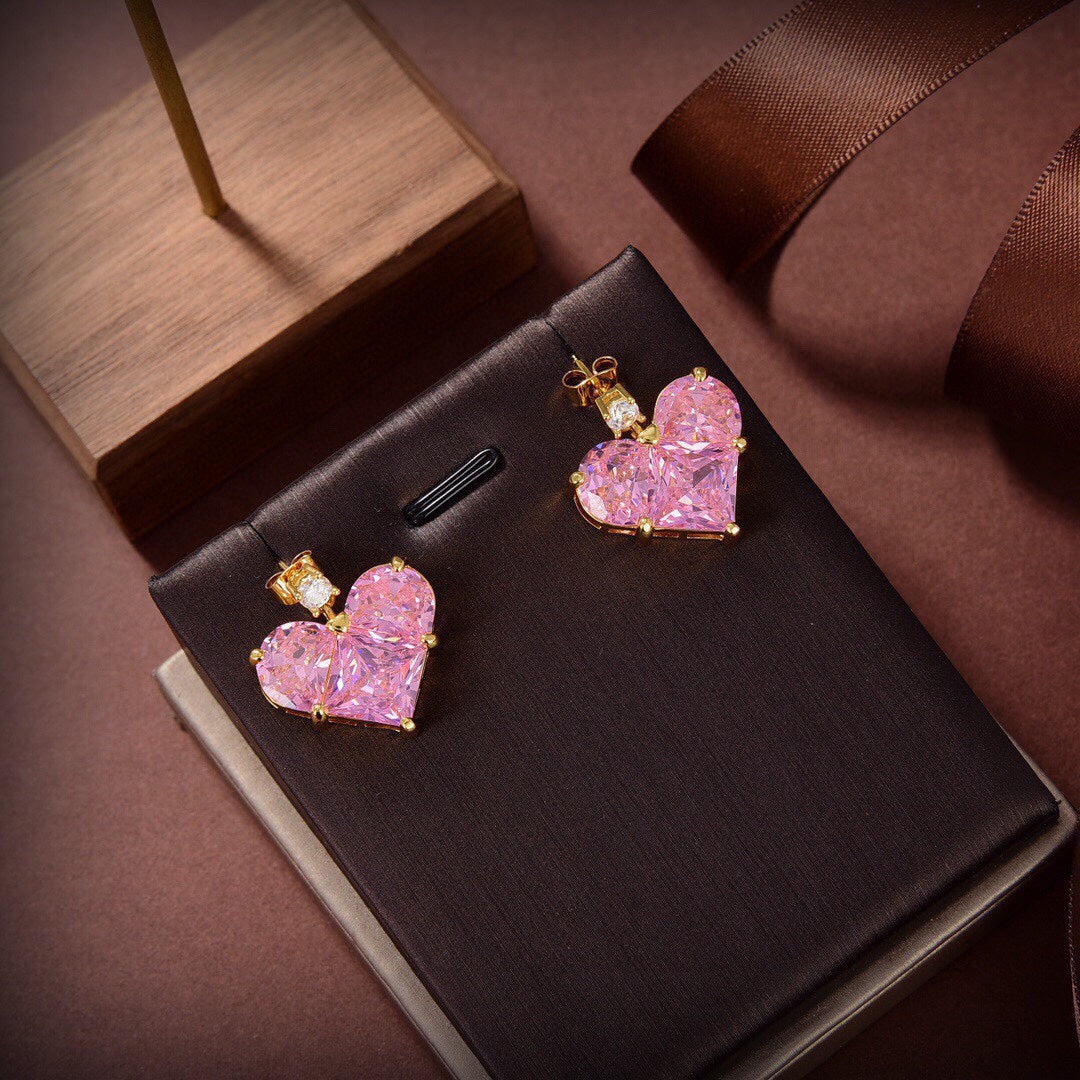 Celine Triomphe Pink Crystal Heart Earrings - 18K Yellow Gold