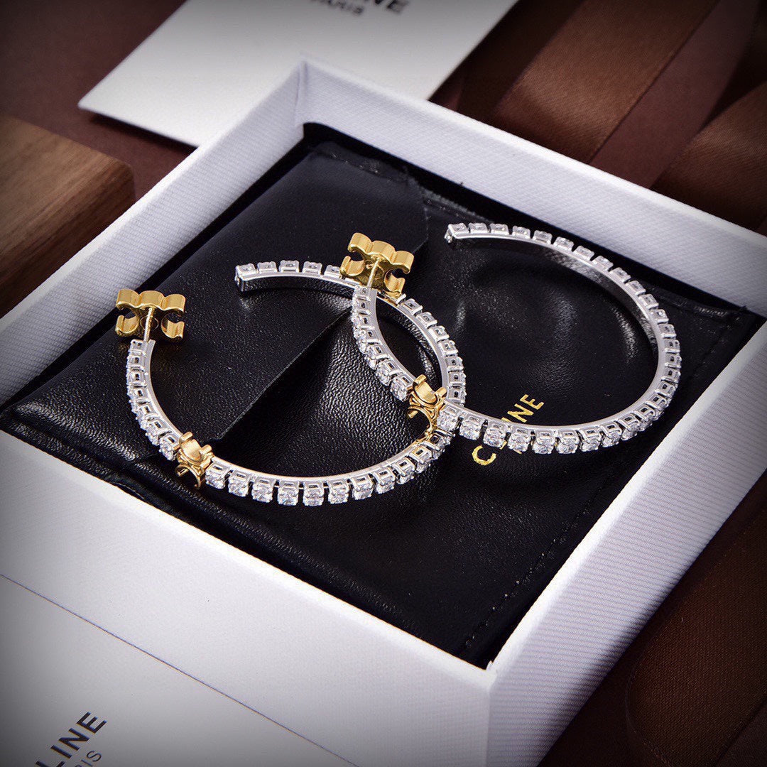 Celine Triomphe Diamonds Hoops Earrings - 18K Yellow Gold
