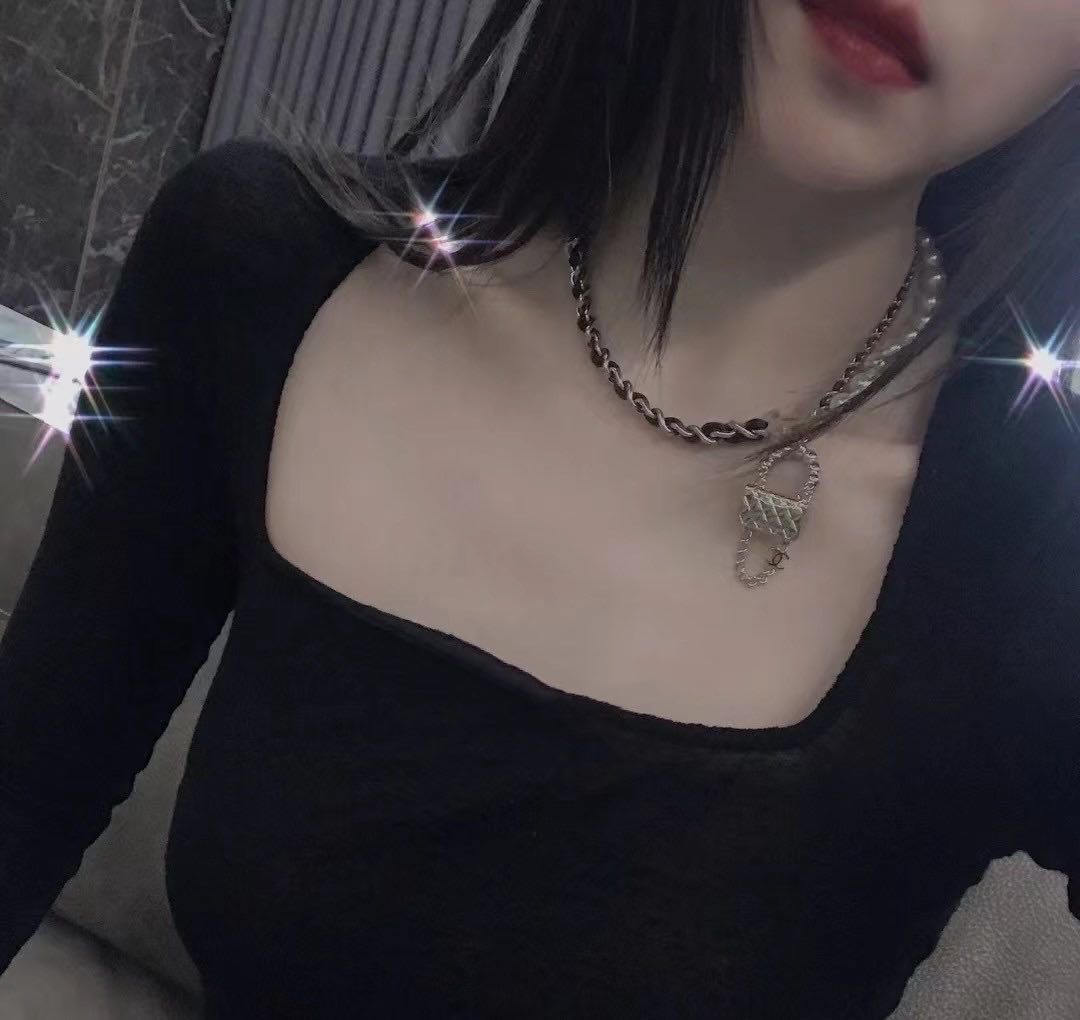 Chanel Pearl Leather Bag Pendant Necklace