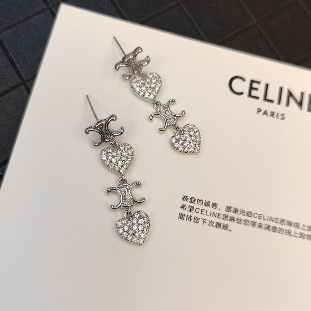 Celine Triomphe Heart Pendant Earrings - 18K White Gold