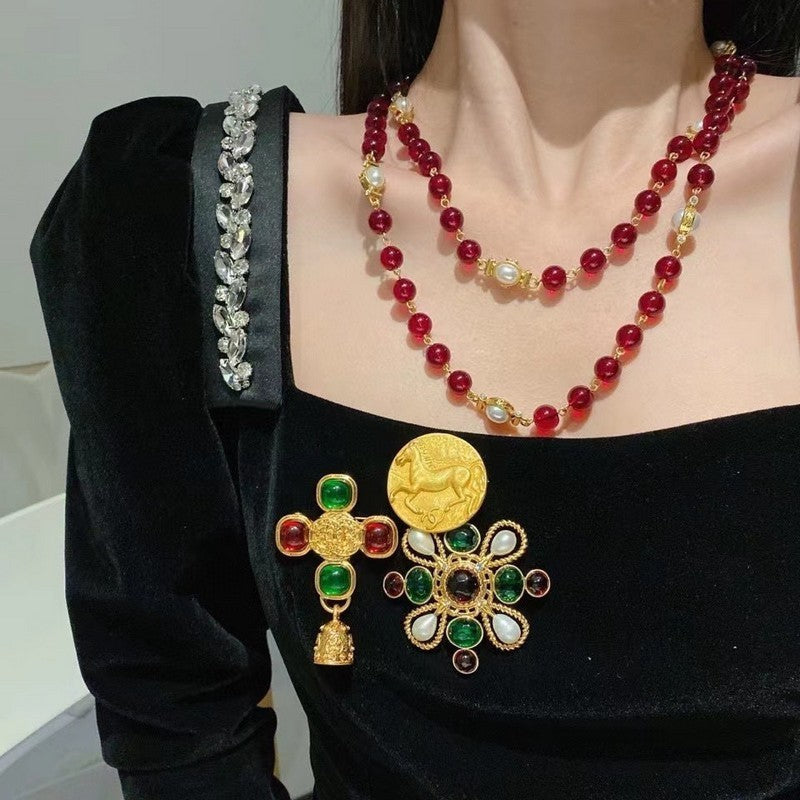 Chanel Long Red & White Pearl Necklace