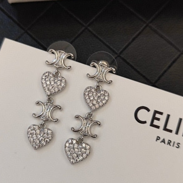 Celine Triomphe Heart Pendant Earrings - 18K White Gold