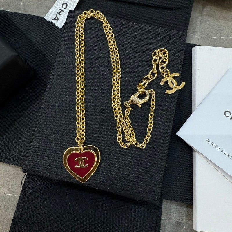 Chanel Black & Red Heart Gold Necklace