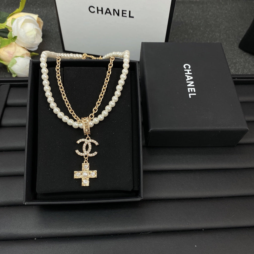 Chanel Cross Diamond Pearl Chain Necklace